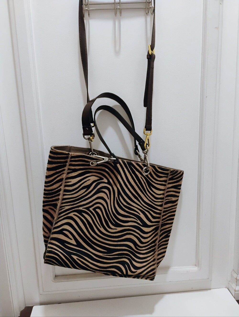Imported Zebra Print Hefty Tote Bag with Leather Straps - Brown/Black